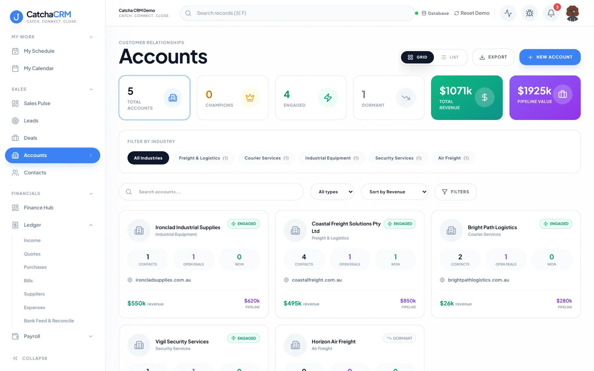 Accounts directory with total accounts, revenue and pipeline value plus a card per customer showing contacts, open deals and revenue.