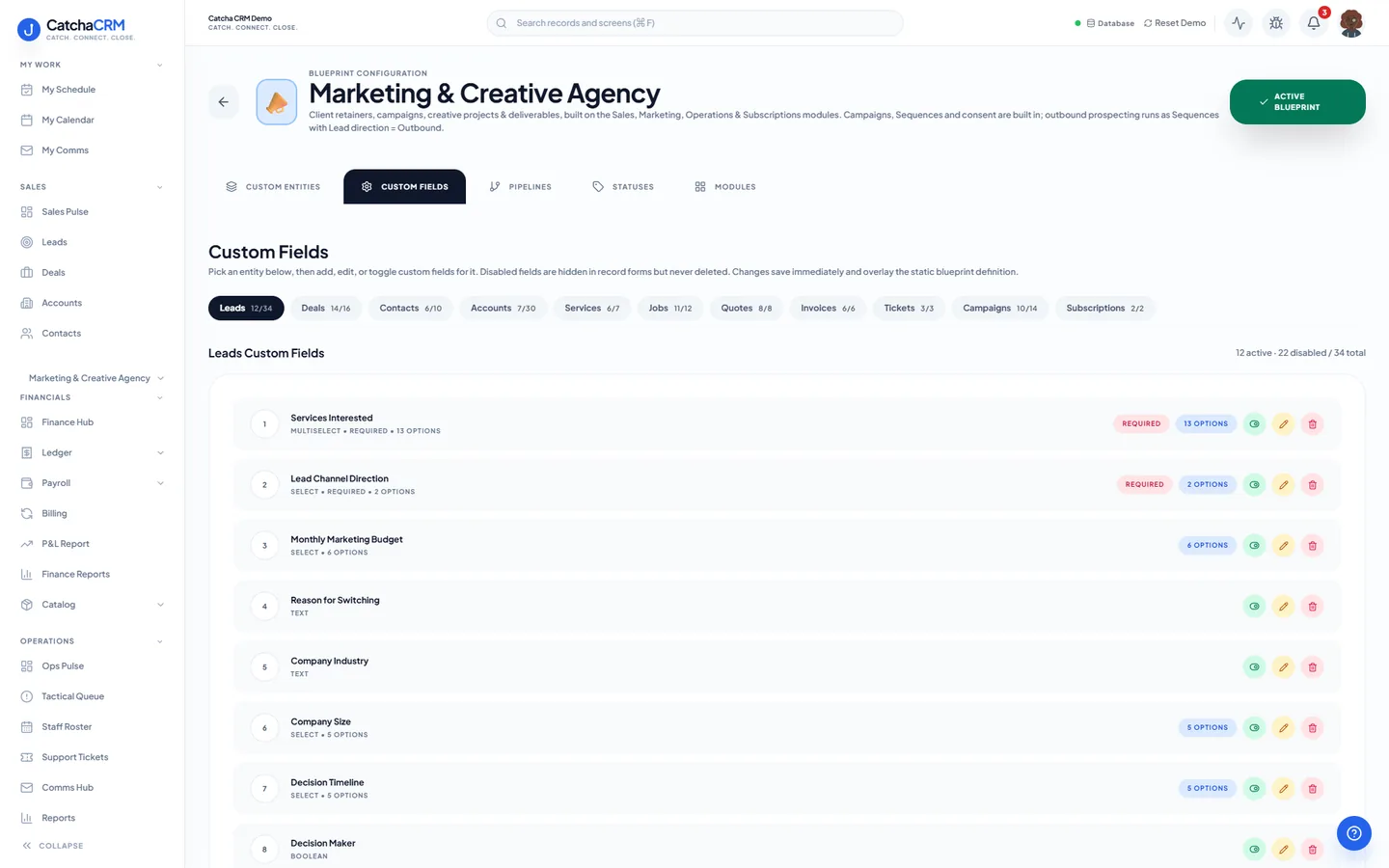 Blueprint Configuration screen for the Marketing & Creative Agency blueprint in CatchaCRM, Custom Fields tab, listing the extra fields it adds to standard records such as leads.