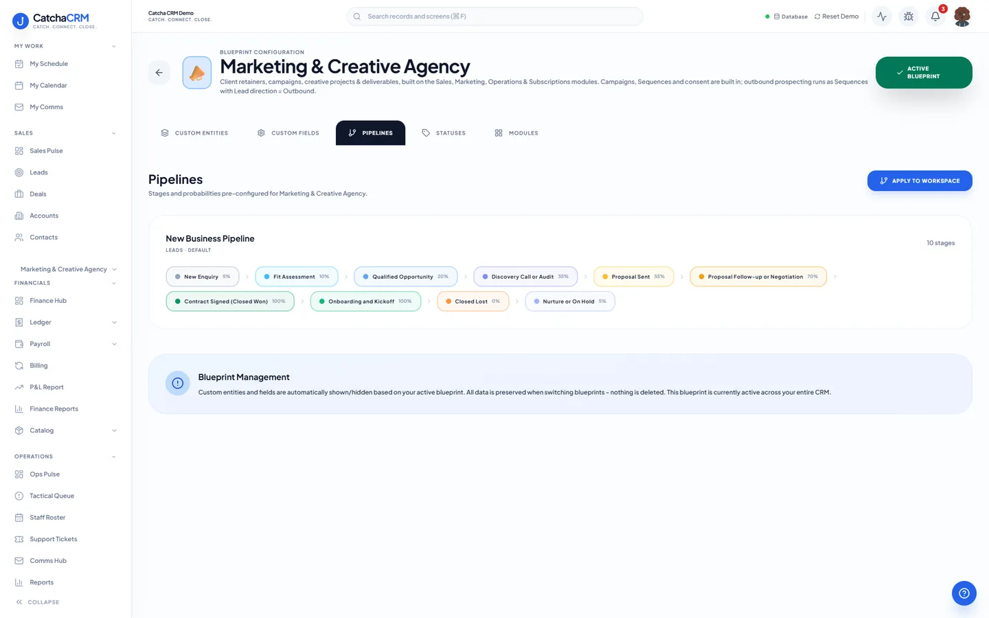 Blueprint Configuration screen for the Marketing & Creative Agency blueprint in CatchaCRM, Pipelines tab, showing the pipeline stages and their probabilities.