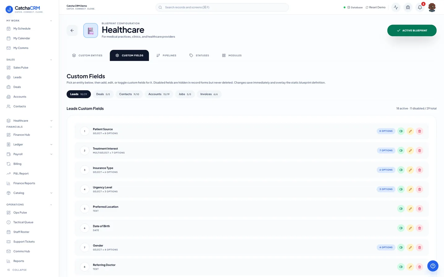 Blueprint Configuration screen for the Healthcare blueprint in CatchaCRM, Custom Fields tab, listing the extra fields it adds to standard records such as leads.
