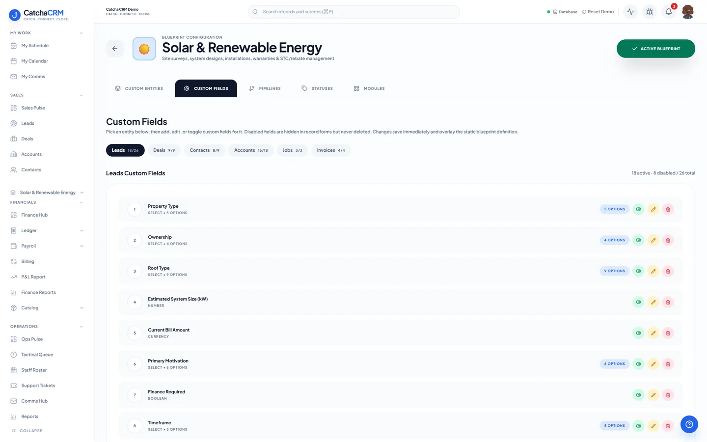 Blueprint Configuration screen for the Solar & Renewable Energy blueprint in CatchaCRM, Custom Fields tab, listing the extra fields it adds to standard records such as leads.