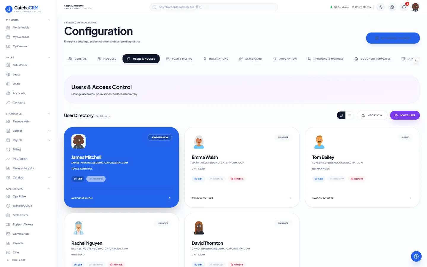 Users and Access Control in the CatchaCRM Configuration screen, with tabs for users and access, modules, integrations, the AI assistant and automation above a directory of users, each card showing the person and their role.