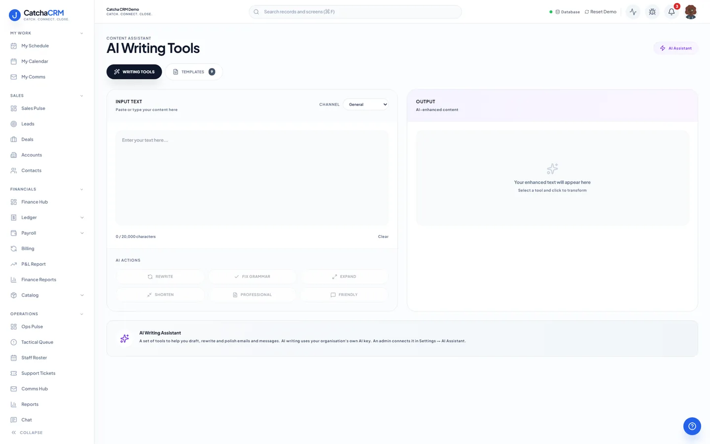 AI Writing Tools screen in CatchaCRM with an input box, a channel selector, an output panel and rewrite, fix grammar, expand, shorten, professional and friendly actions.