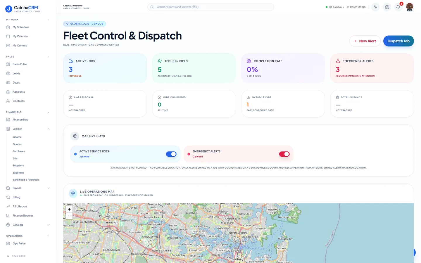 Fleet Control and Dispatch screen in CatchaCRM showing active jobs, technicians in the field, completion rate and emergency alerts, with a Dispatch Job button, map overlays and a map of job locations.
