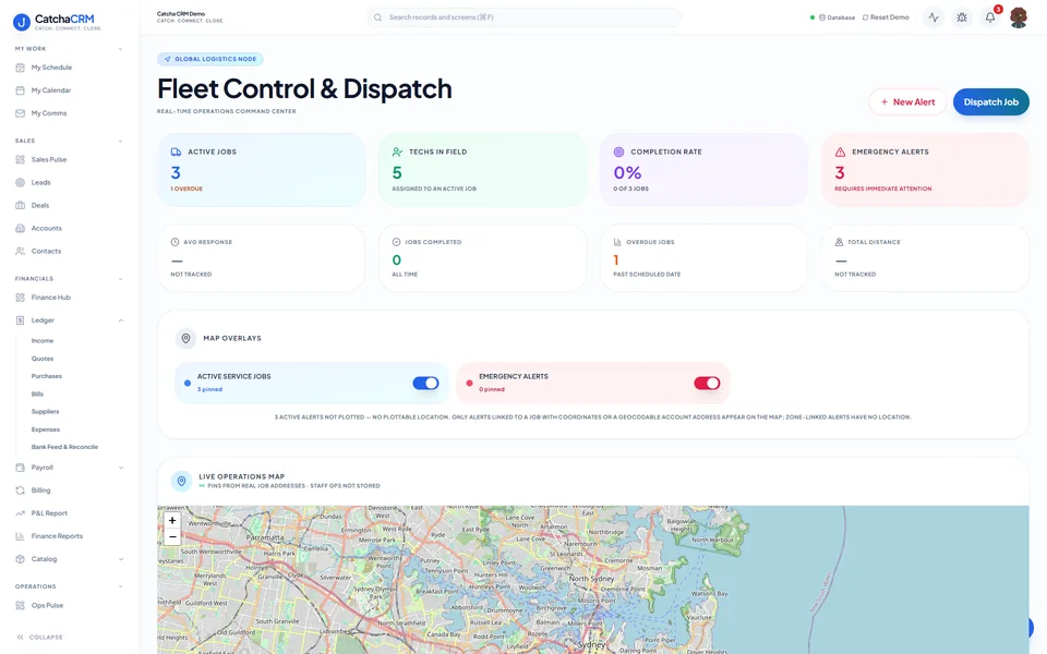 Fleet Control and Dispatch screen in CatchaCRM showing active jobs, technicians in the field, completion rate and emergency alerts, with a Dispatch Job button, map overlays and a map of job locations.