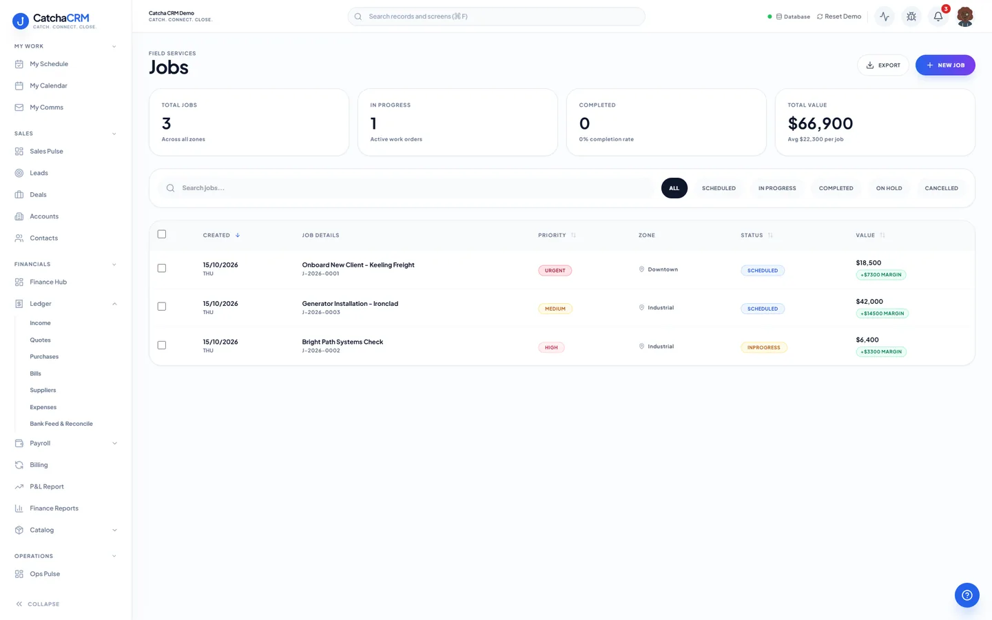 Jobs list in CatchaCRM showing total jobs, jobs in progress, completed jobs and total value, with status filters above a table of jobs showing priority, zone, status and value.