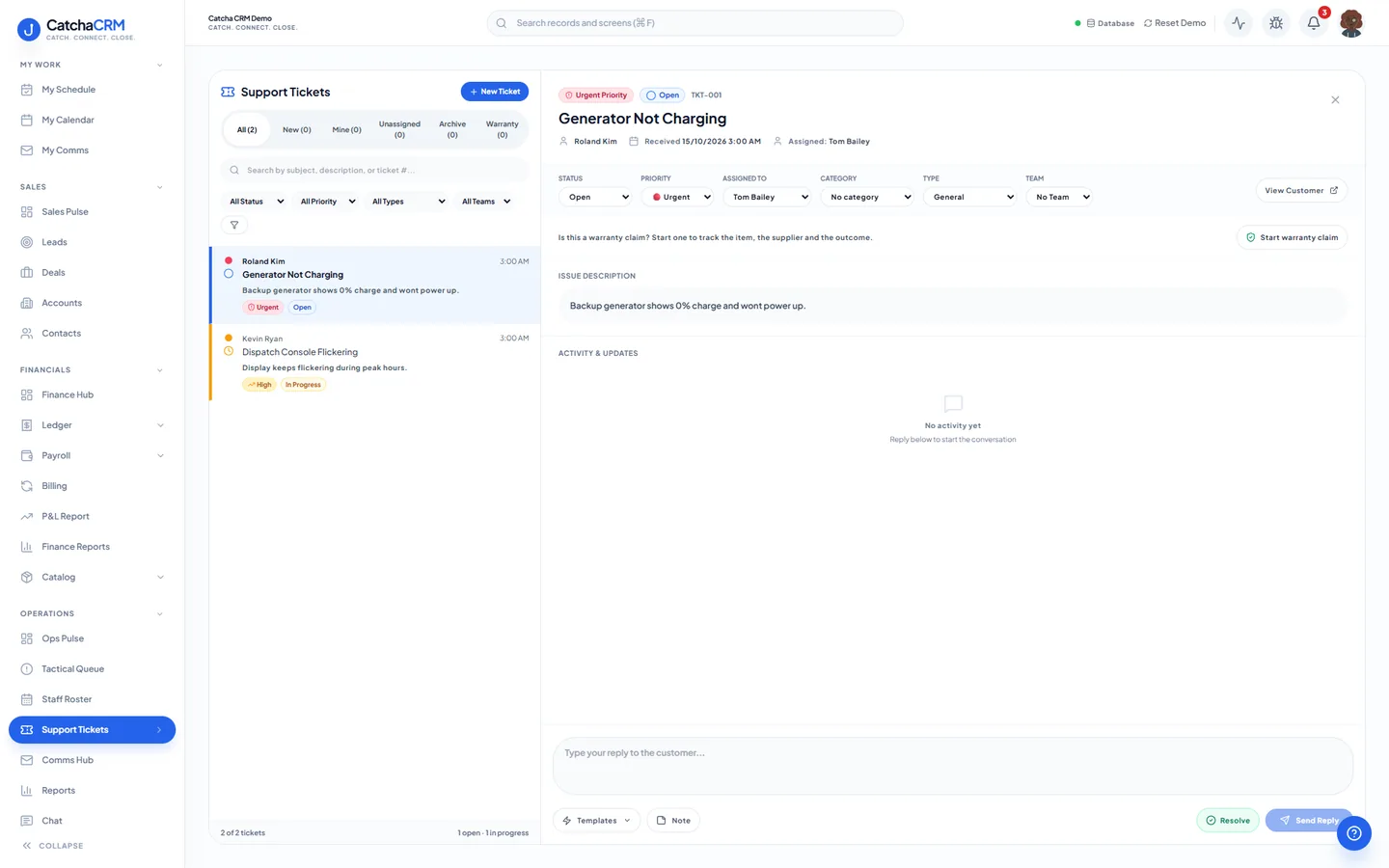 Support Tickets screen in CatchaCRM with a ticket list filtered by status, priority and team, beside the open ticket showing its status, priority, assignee, description and a reply box.