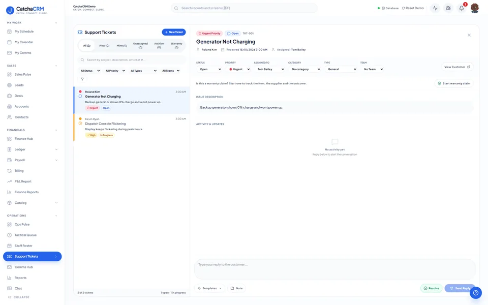 Support Tickets screen in CatchaCRM with a ticket list filtered by status, priority and team, beside the open ticket showing its status, priority, assignee, description and a reply box.